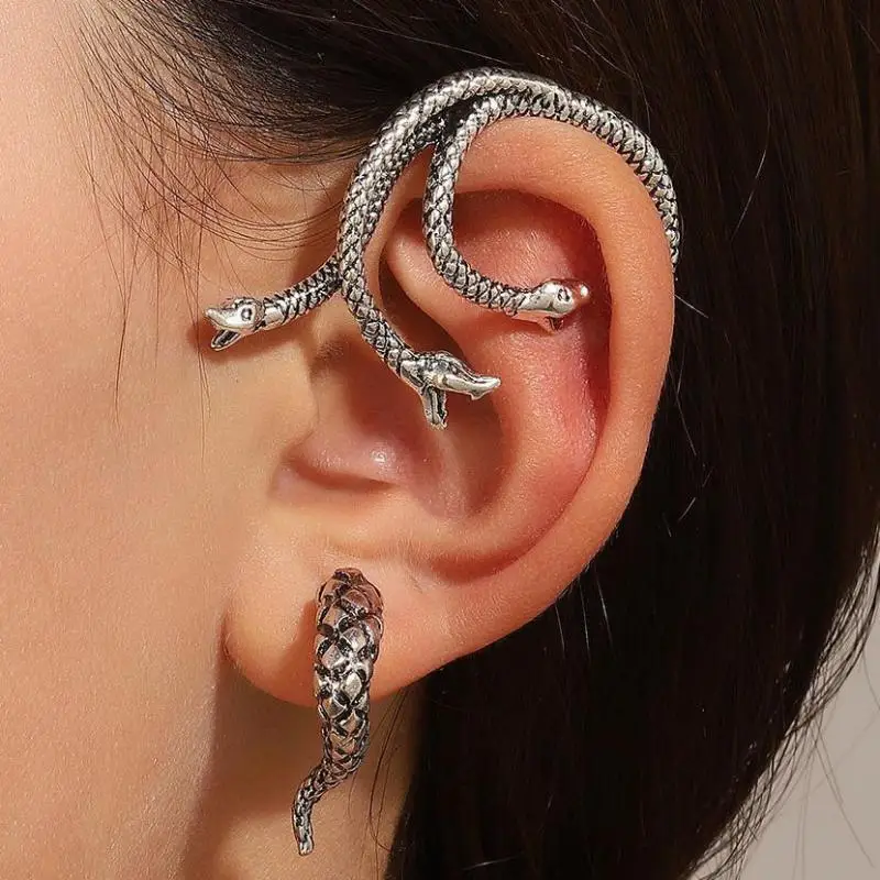 Gothic Three Headed Snake Earrings For Women Jewelry Vintage Elf Wing Ear Cuffs Earrings For Whole Ear 2025 Trendy Metal Jewelry