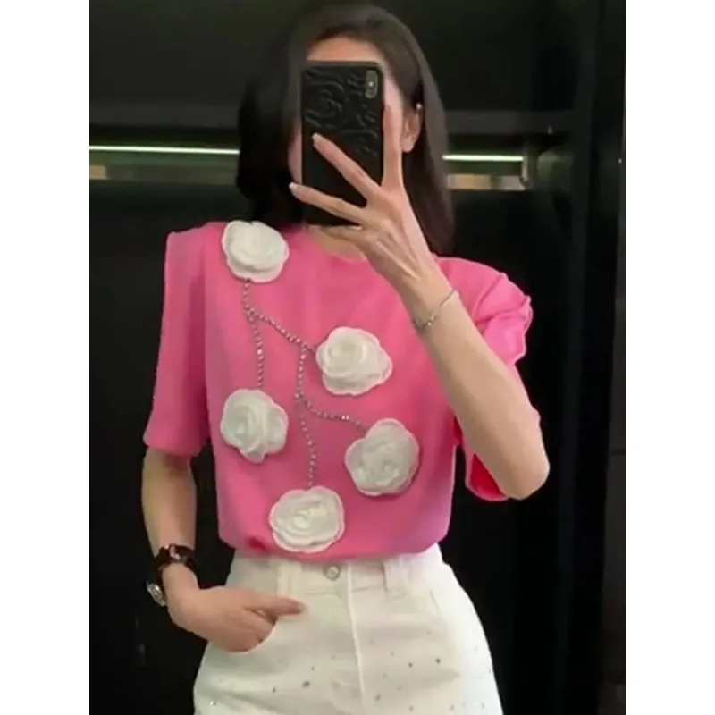 Women's Hot Pink Blouse 3D White Rose Chain Decor Short Sleeve Fashion Statement Top