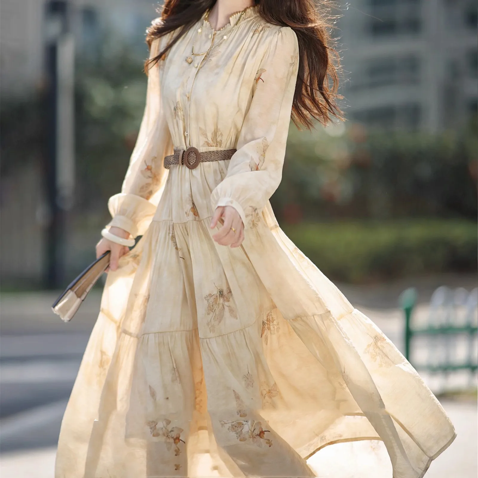 Francês elegante gola babados impresso manga longa chiffon em camadas vestido de linha a para mulher drapey flowy versátil vestido de deslocamento