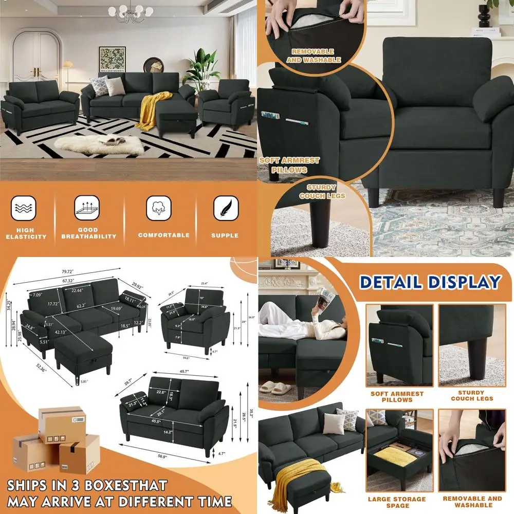 طقم أريكة مقطعية قابلة للعكس مكون من 4 قطع من الكتان، أريكة صغيرة على شكل حرف L، 3 مقاعد، مقعدين، كرسي بذراعين للمعيشة والمكتب