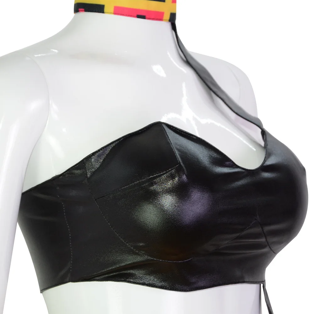Woman Sexy Carnival Party Suit Anime JOJO's Bizarre Adventure Golden Wind Trish Una Cosplay Costume PU Tube Tops Plaid Skirt view 4