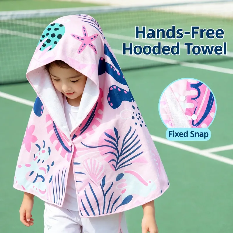 Kids Cold Feeling Ice Towel, Quick Drying Anti Pilling Sports Shawl Towel with Snap Button Anti Shedding Cape Towel for Children