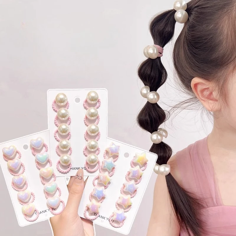 10-teiliges Set mit elastischen Haargummis für Kinder, Perlen-/Herz-/Stern-Haarbänder, schmerzfreie Pferdeschwanzhalter für Mädchen, Haarschmuck für den Alltag und Partys