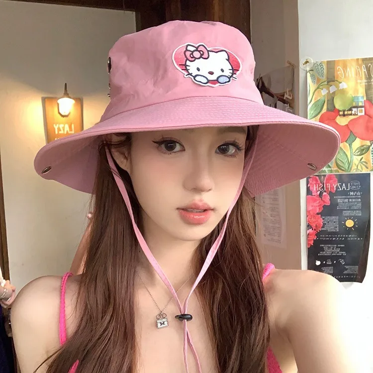 Sanrio Hello Kitty Pink Sweet Cute Bucket Hat Outdoor Camping Sun Hats For Women Mountaineering Cap Female Fashion Accessories