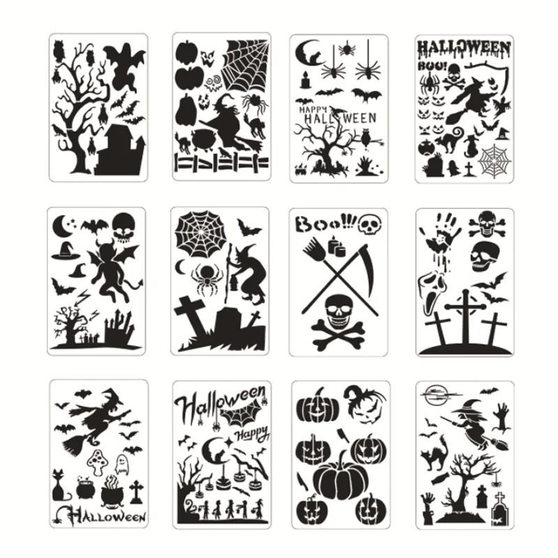 

17.4*25.8cm Halloween Painting Template DIY Wall Spray Masking Decora Stencil Scrapbook Journal Embossing Reusable 12 Sheets/set