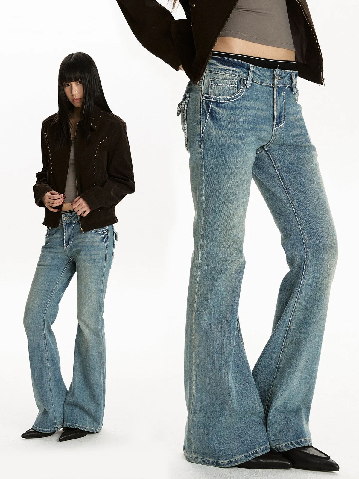 

Джинсы-клеш Aket American Style Vintage, светло-голубые, женские, весенние, новые, утягивающие, универсальные, из хлопкового денима