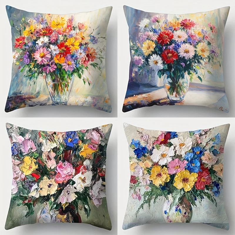 

4pcs Oil painting vase pattern Single-sided printing Short plush Suitable living rooms bedrooms sofas (excluding pillow cores)