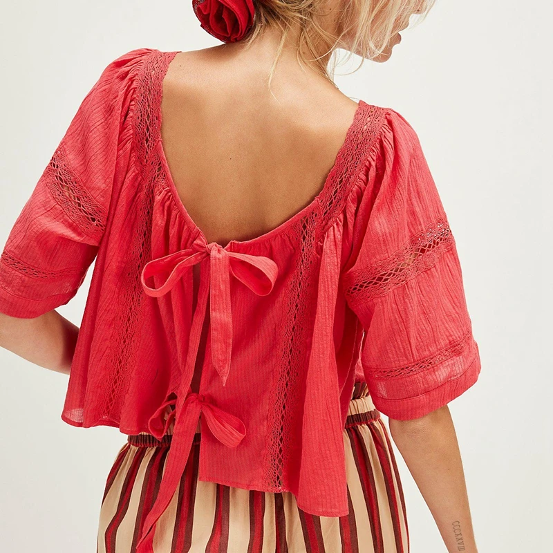 

Combhasaki Women Summer Chic Floral Lace Trim Square Neck Shirt Top Short Sleeve Bow Tied Back Loose Fit See-through Crop Blouse