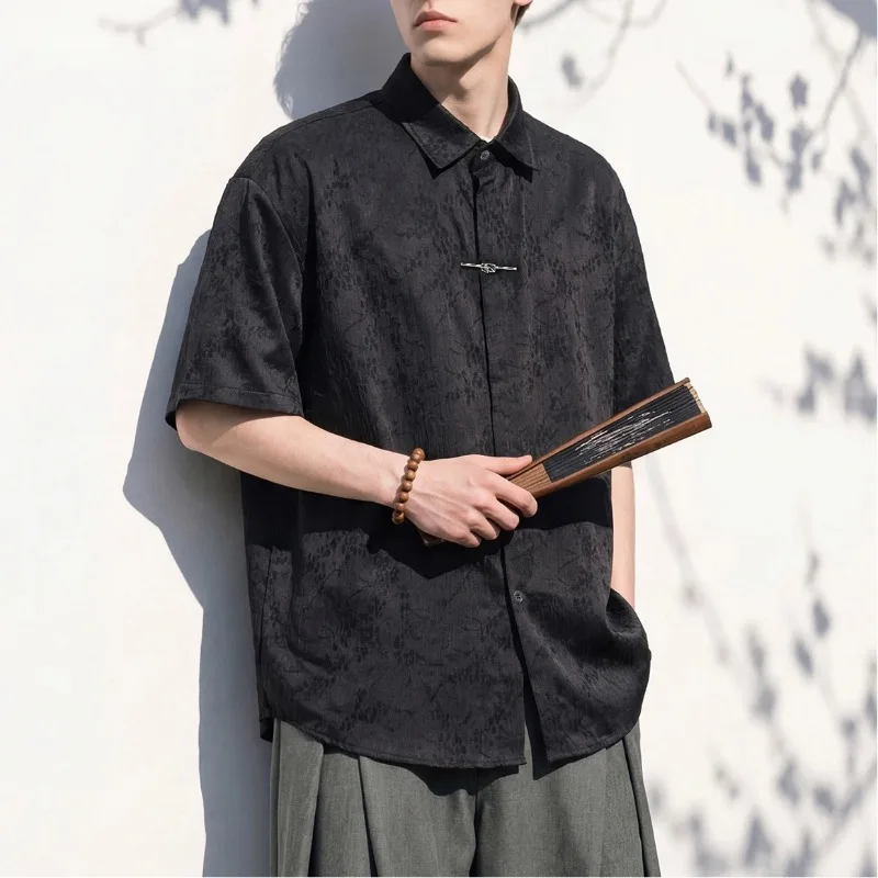 

Men Chinese Style Jacquard Shirt Metal Buckle Loose Short Sleeve Casual Summer Black Blouse