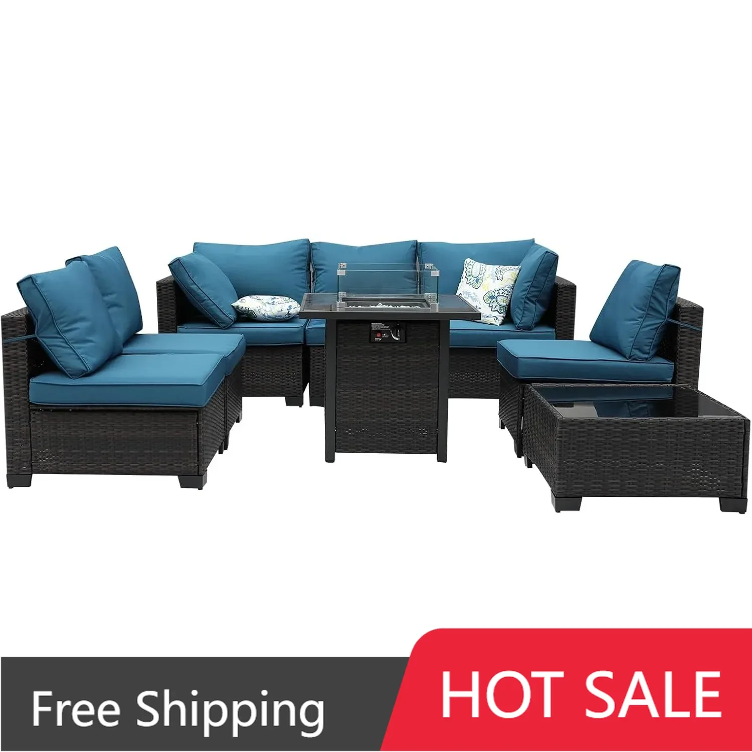 Muebles de patio de 8 piezas, conjunto de mimbre para exteriores, sofá seccional con mesa y cojines para fogones de gas de 28