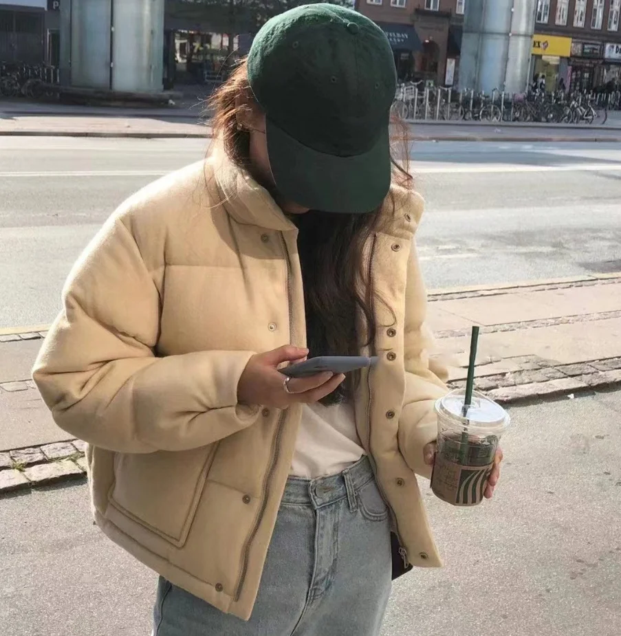 オンス2025 冬用暖かいウールスタンドカラーブレッドダウンジャケットアウターウェアルーズフィットデュダウンコートスリ通勤スレ