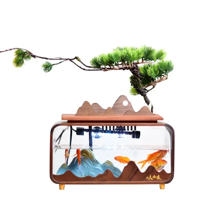 Black Walnut Solid Wood Small Mini Desktop Fish Tank Ecological Super White Home Office Living Room Goldfish Creative