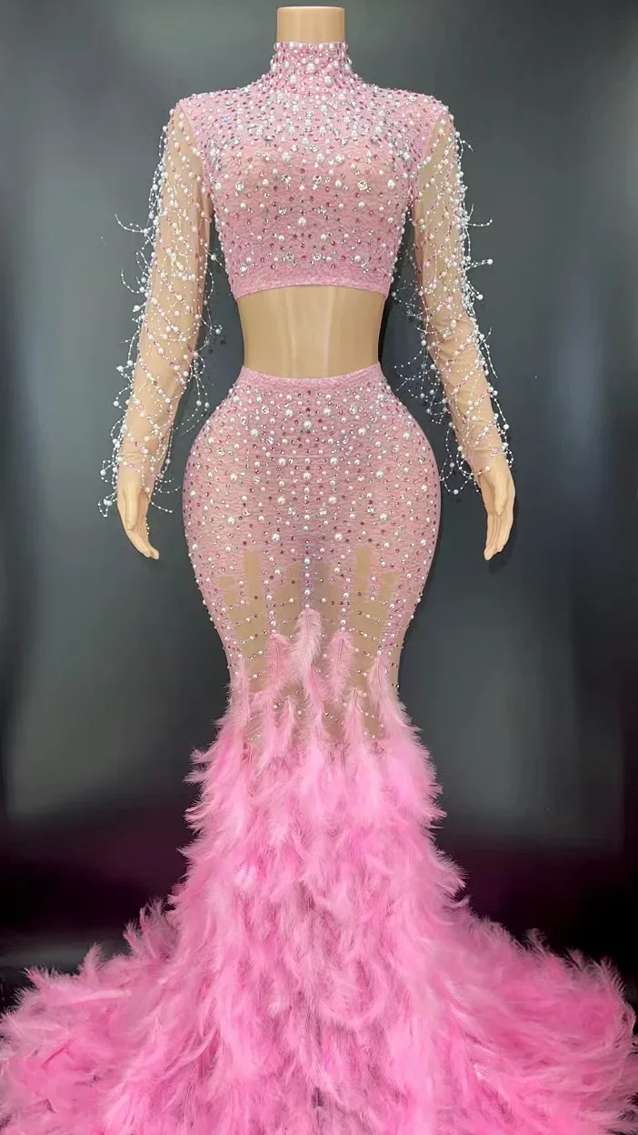 Conjunto de saia longa e top transparente de strass feminino pérola, vestido de penas, festa de baile, comemoração do aniversário, 2 peças