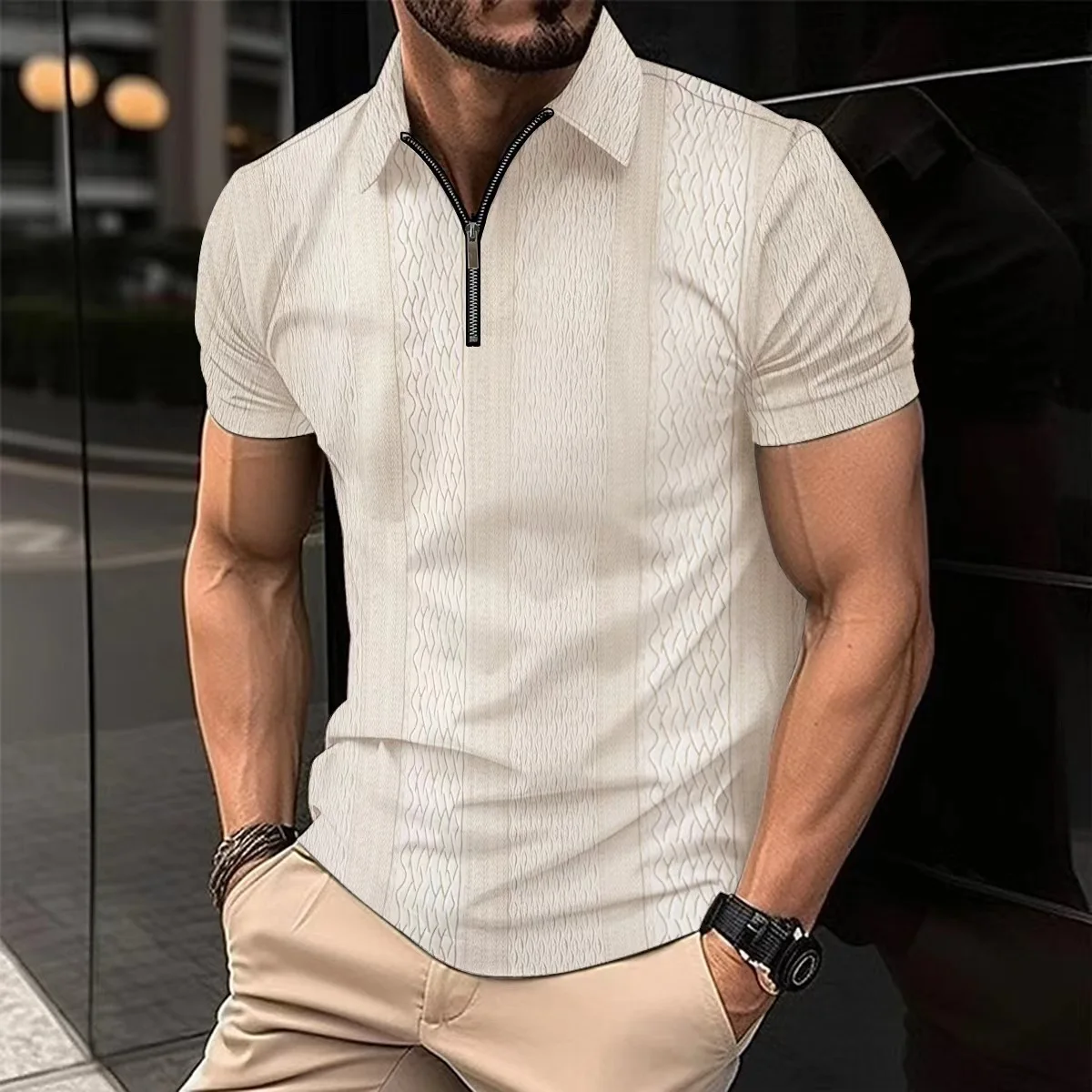 Men's Zipper Fashion Printed Striped Short-sleeved POLO Shirts Summer casual everyday outdoor beach solid Color Cool Lapel Tops