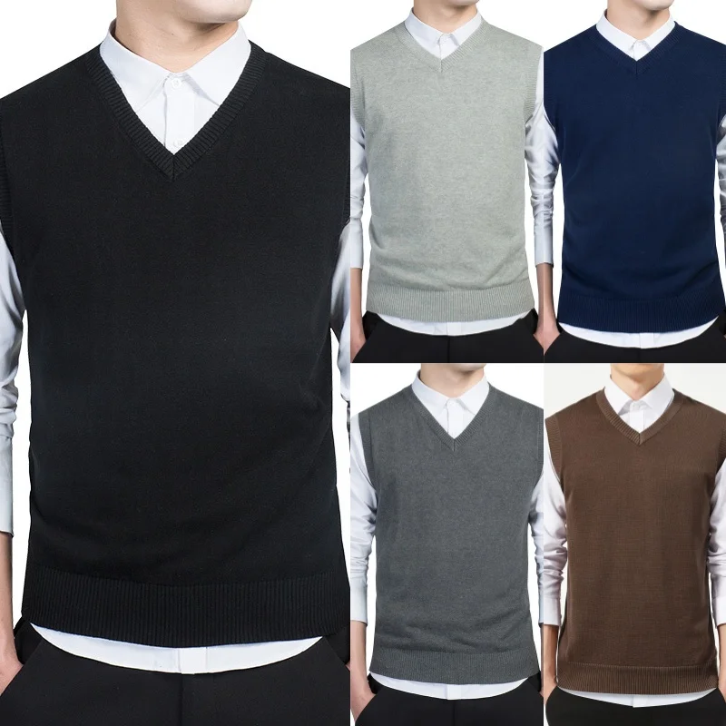 Pop New Men V-neck Vest Trend Retro Solid Color Vest All-match Casual Business Work Woolen Knit Vest Men Autumn