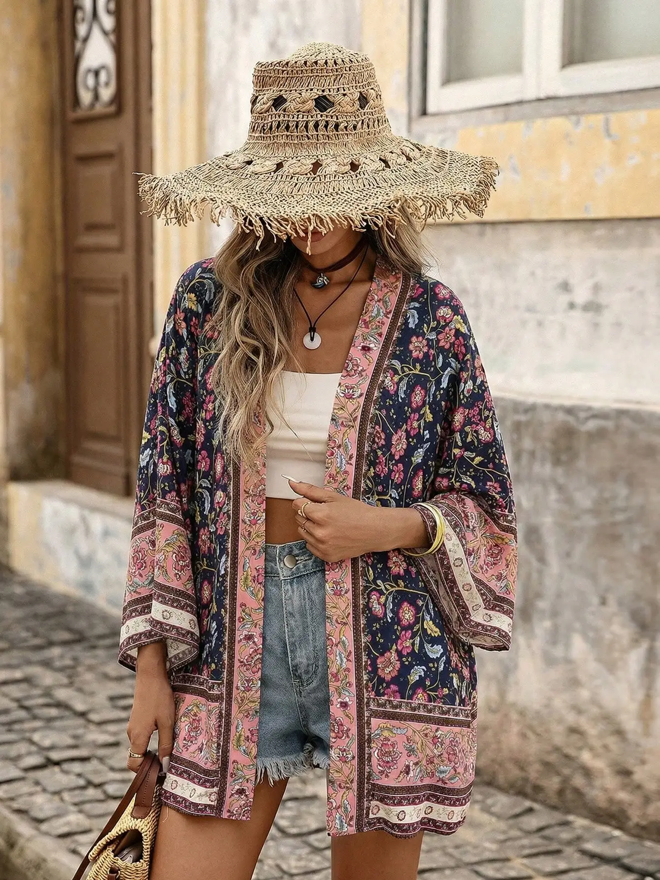 

Пляжная накидка-кимоно с цветочным принтом в стиле бохо с длинными рукавами для женщин