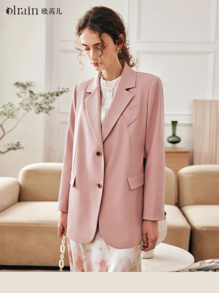OLrain French Pink Coats Women's 2022  Autumn Winter Sashes Single Breasted Blazers for Woman Office Elegant Tops O23CW69308