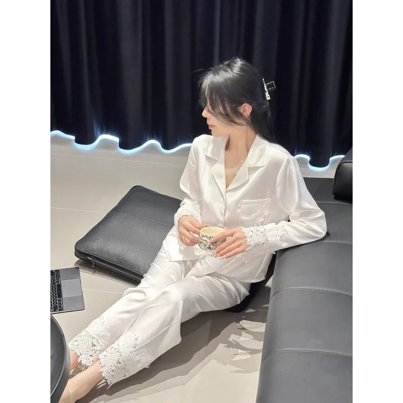 

2026 Spring Summer New Female Pajamas Set Lace Trim Women Sleepwear Homewear Loose Long Sleeve Trouser Suit Loungewear