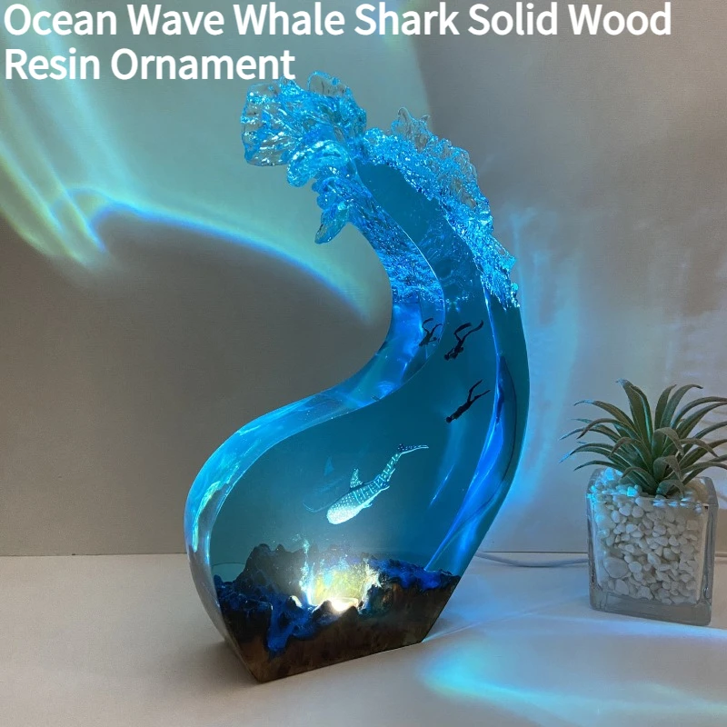 Ocean Wave Whale Shark Solid Wood Resin Ornament Ocean Series Atmosphere Ornament Lamp Creative Festival Gift