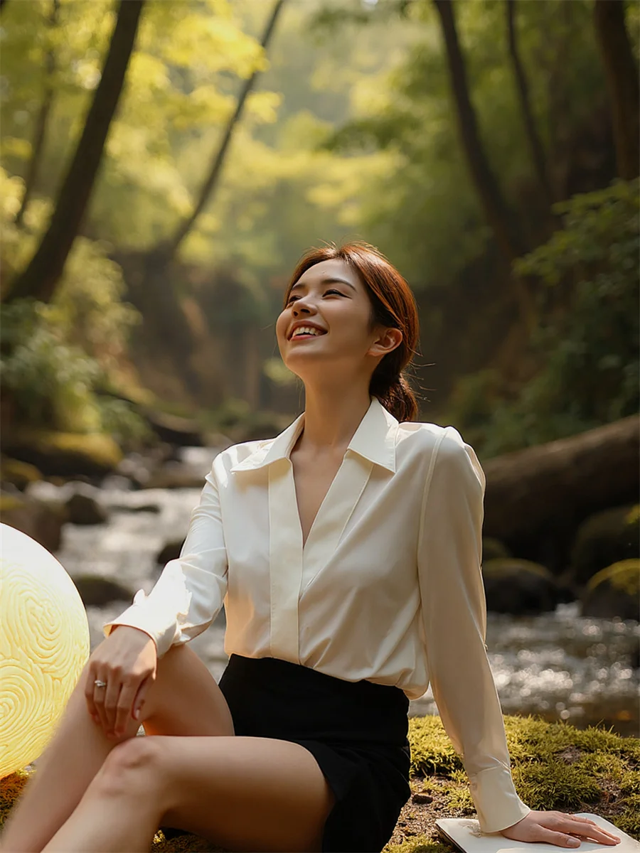

Shirts Women Long Sleeve Tops with a Criss-Cross V-Neckline Designed for a Modern and All-Match Minimalist Office Ensemble