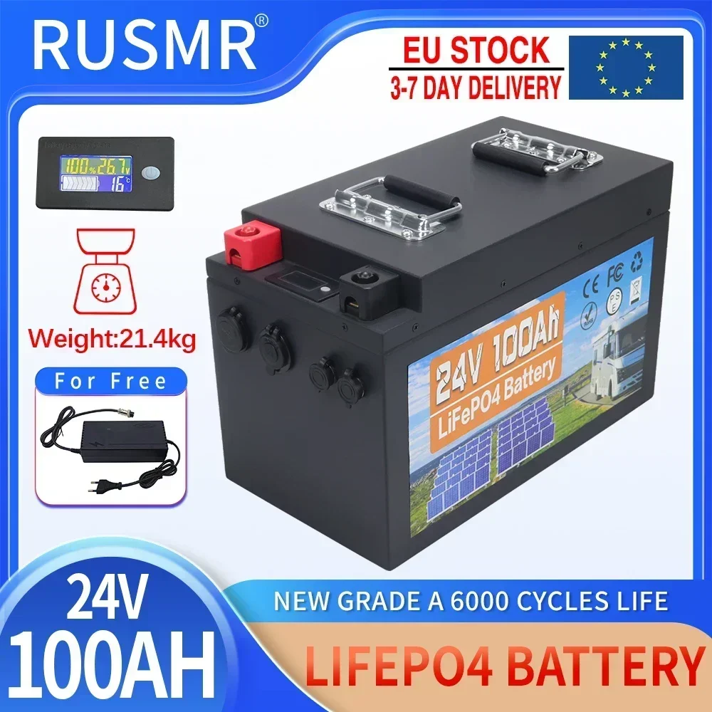 24V LiFePO4 Battery Pack 100Ah Built-in BMS Lithium Iron Phosphate Cells 6000 Cycles Life For RV Campers Golf Cart Solar Storage