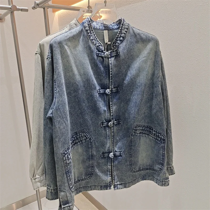 

Chinese Style Denim Jacket Chinese Men's Autumn Tang Style Retro Buttoned Jacket Loose Standing Collar Zhongshan Suit Casual WLF