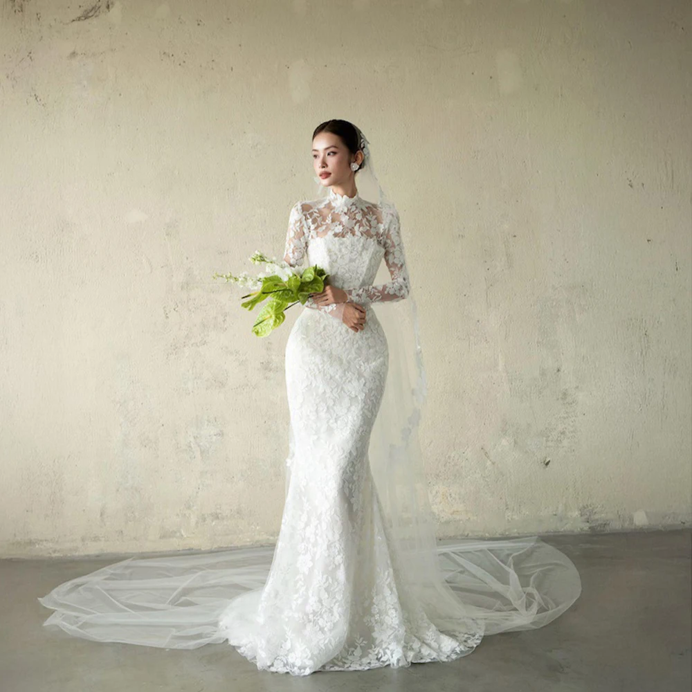 

Elegant Wedding Dresses High Neck Long Sheer Sleeve Mermaid Bride Dress Women Civil Lace Bridal Gown Customized robe de mariée