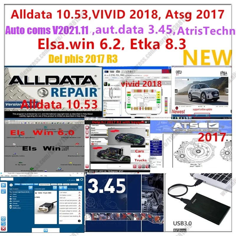 Newest alldata software auto repair Alldata 10.53 autodata 3.45 Autocoms V2021.11 elsawin 6.0 etka 8.3 Stakis vivid 2018 Delphis