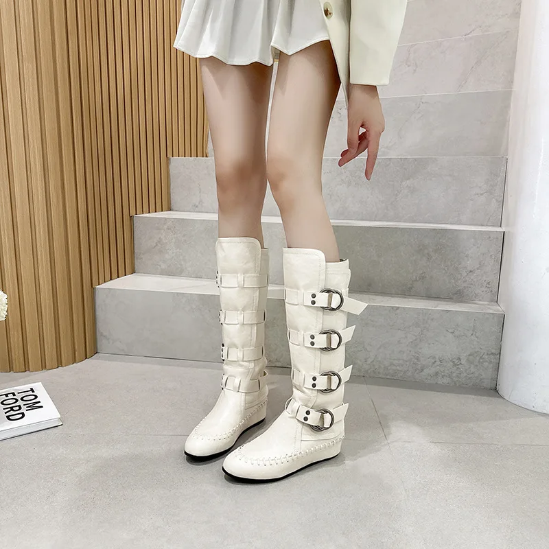 Vintage Belt Buckle Long Tube Boxing Boots Women Autumn Winter Flat Heels Knight Boots Ladies Western Cowboy Knee High Boots