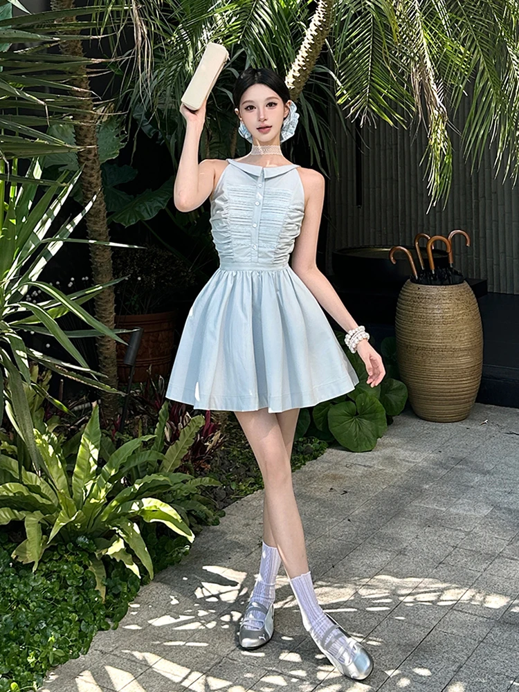 فستان صيفي نسائي من REDDACHiC أنيق بياقة بدون أكمام من الدانتيل مطوي على شكل حرف A فستان قصير رومانسي لعيد الحب قطعة واحدة