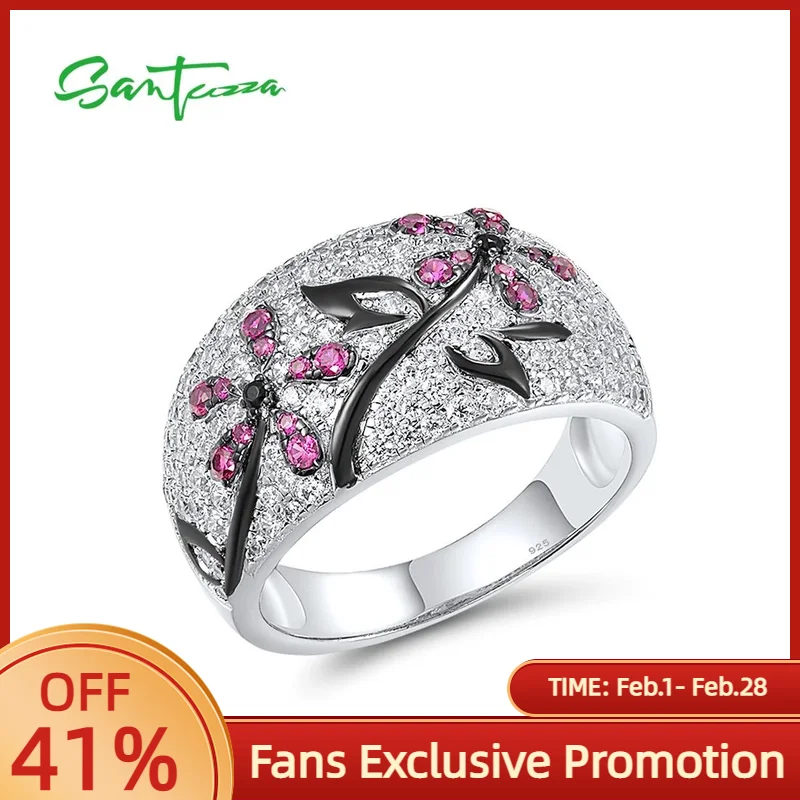 

SANTUZZA Real 925 Sterling Silver Ring for Women Created Ruby Black Spine White Cubic Zirconia Delicate Plant Party Fine Jewelry