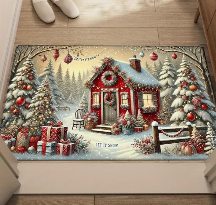A Christmas-Themed Door Mat Non-Slip Indoor Carpet, Featuring a Polyester Snow House Print, Suitable for Hallways Rugs