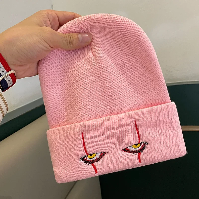 Gorros de lana bordados, gorro tejido con ojos de payaso aterrador, gorro de hip-hop con cobertura cálida, gorros de lana para Halloween
