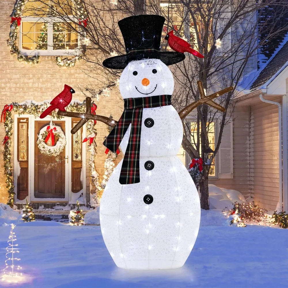 Lighted Christmas Snowman with Redbirds, Pre-Lit Snowman Ornament Christmas Decoration with Warm-White LED Light