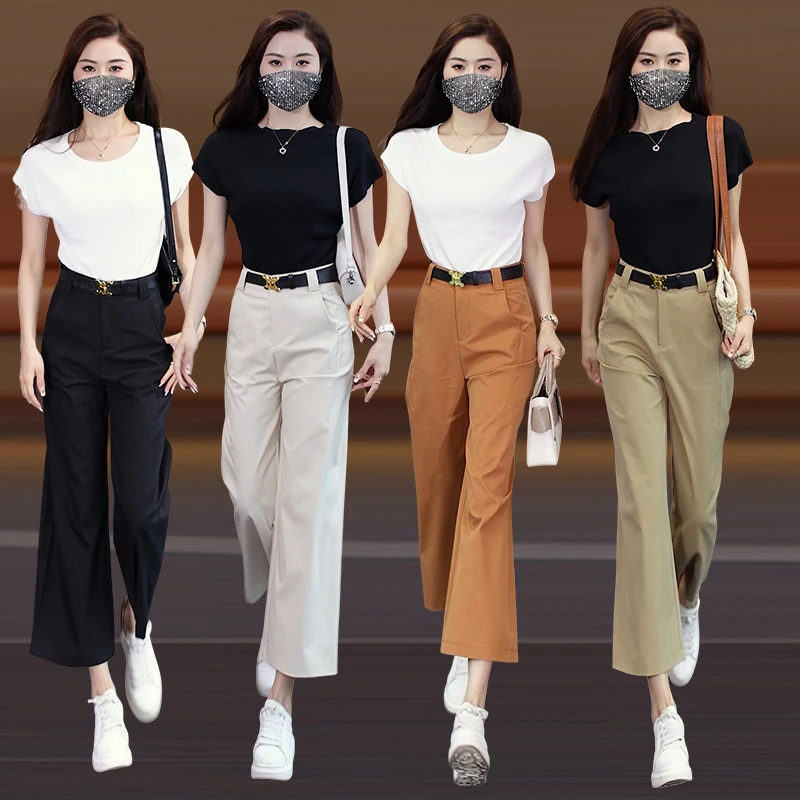 

Small Man9Women's summer thin high-waisted slimming loose-fitting wide-leg pants, cropped straight-leg trousers, available for w
