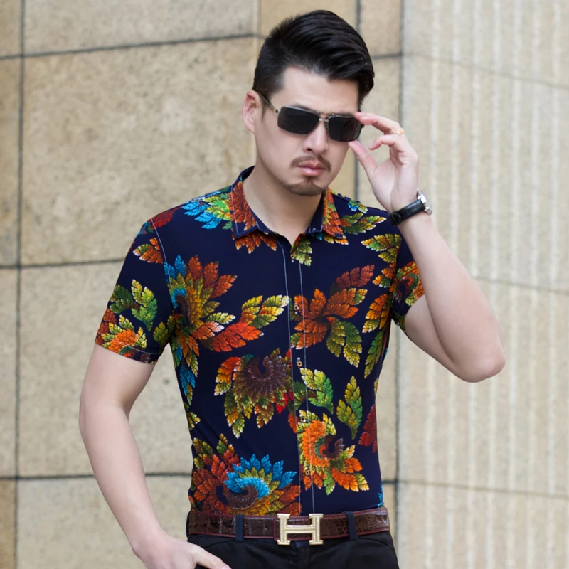 Plus Size 6XL mannen Shirt 2019 Zomer Mode Bladeren Print Korte Mouw Heren Kleding Trend Casual Slim Fit print Shirt Mannen