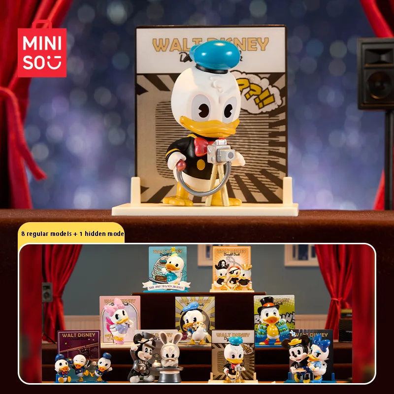 MINISO-modelo de capa do pato Donald, boneca blind box, presente de aniversário, ornamento, disney, anos 90