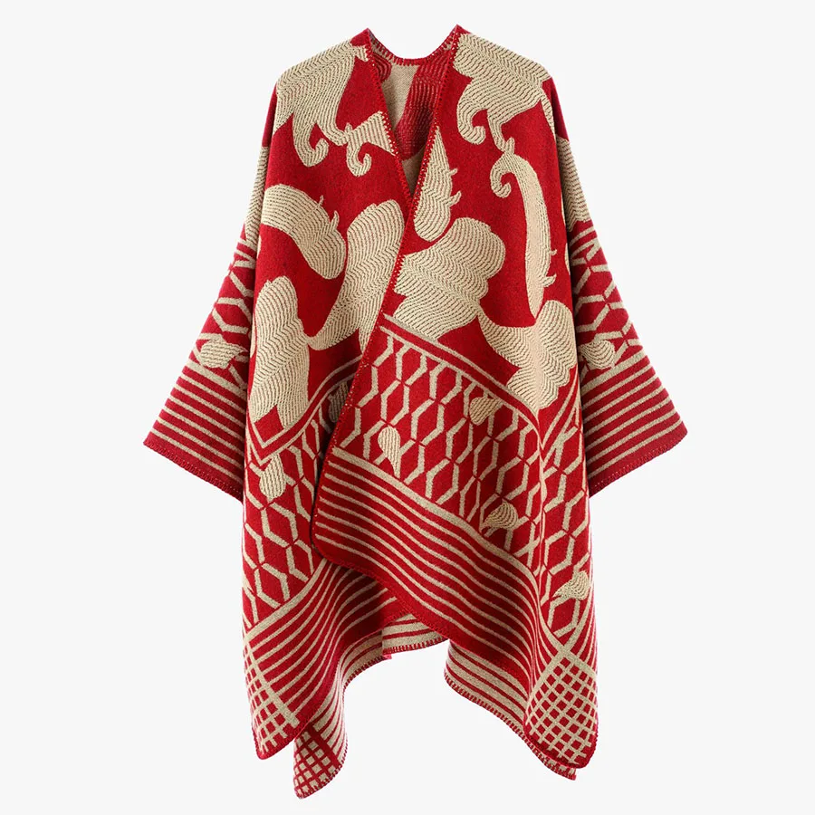 Women Geometric Jacquard Poncho Shawl Oversize Vintage Open Front Faux Cashmere Cape Autumn Winter Casual Travel Warm Wrap
