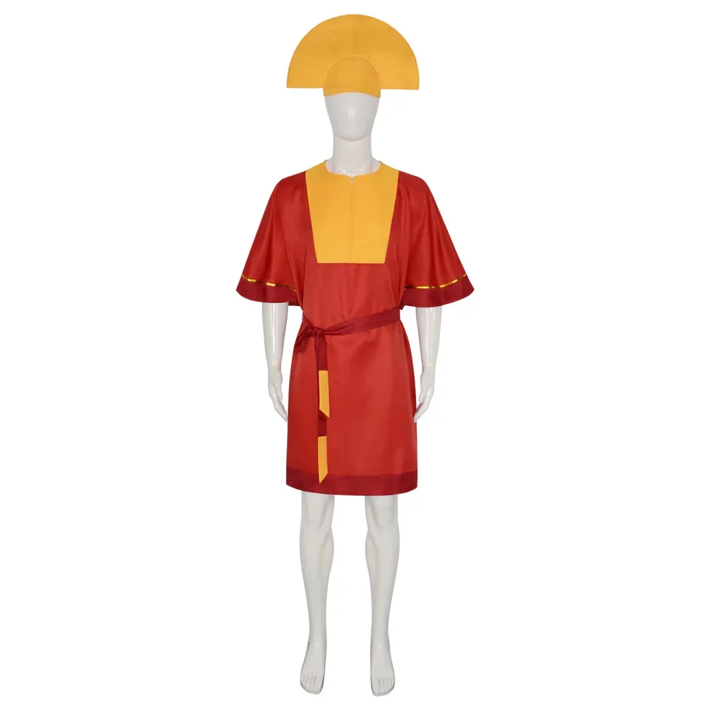 Anime Keizer Kuzco Cosplay Kostuum Koning Rode Jumpsuit Gele Hoed Riem Outfits Met Mannen Halloween Fancy Uniform