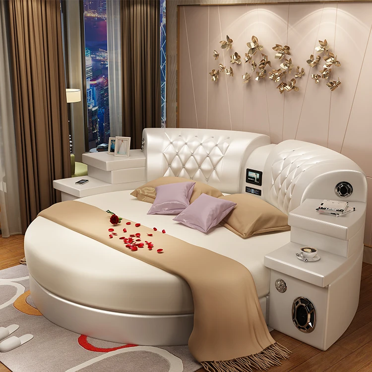 

!@Bedroom Furniture With Music Video Round Smart Bed Smart Leather Bed King Size Up-holstered Beds