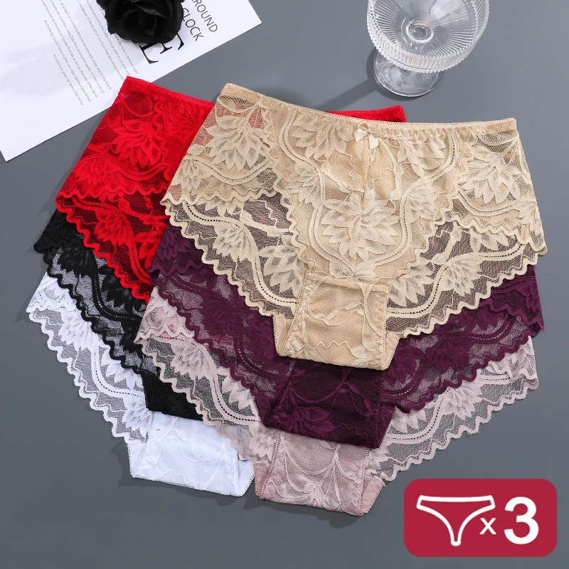 3PCS frauen Nahtlose Spitze Mittlere Taille Slips Einfarbig Bowknot Perspektive Unterhose Weibliche Hohe Elastische Atmungsaktive Dessous