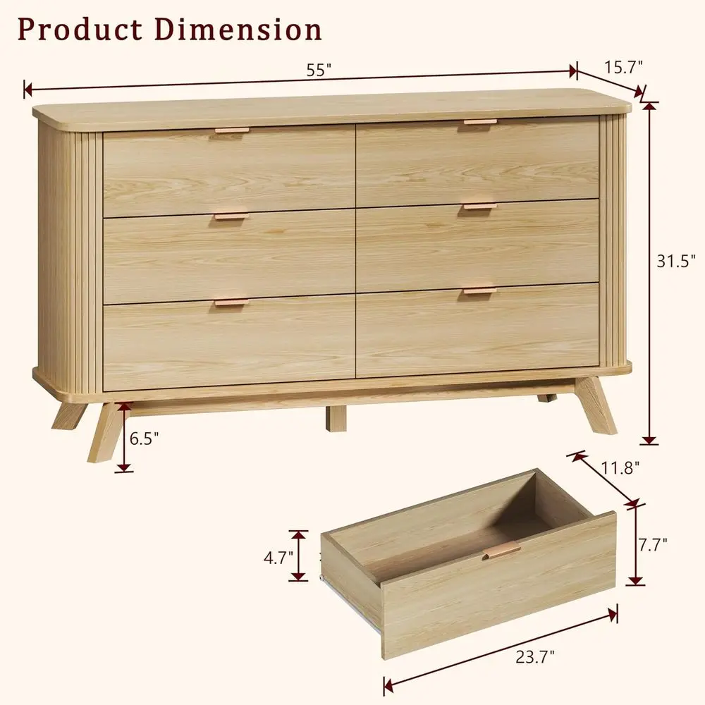 곡선형 프로파일의 6단 서랍장, 침실, 거실 및 복도용 오크 목재 수납장