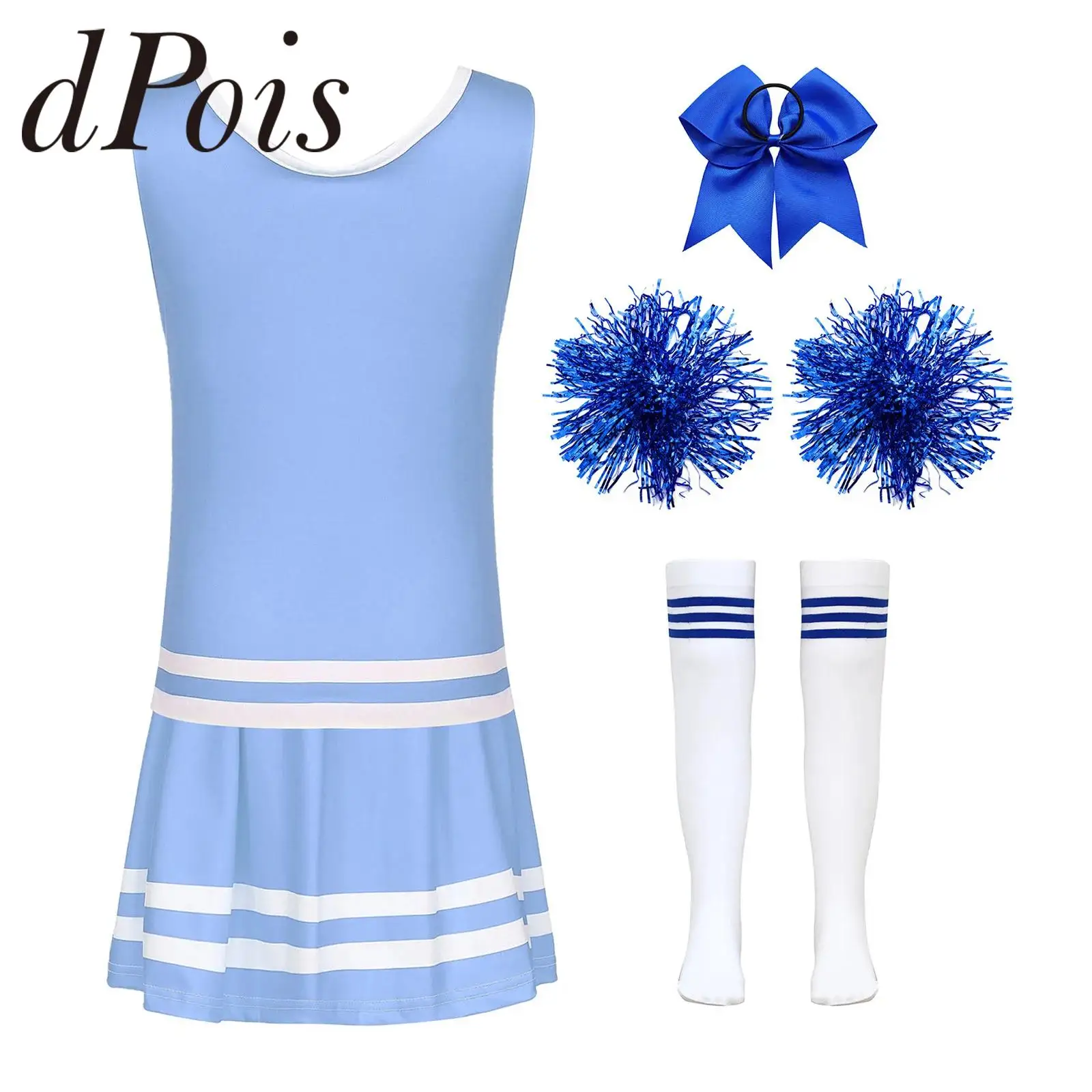 

Children Cheer Dance Outfit Girls Cheerleading Uniforms Uniform Set with Flower Balls Socks Sleeveless Cheerleader Costume