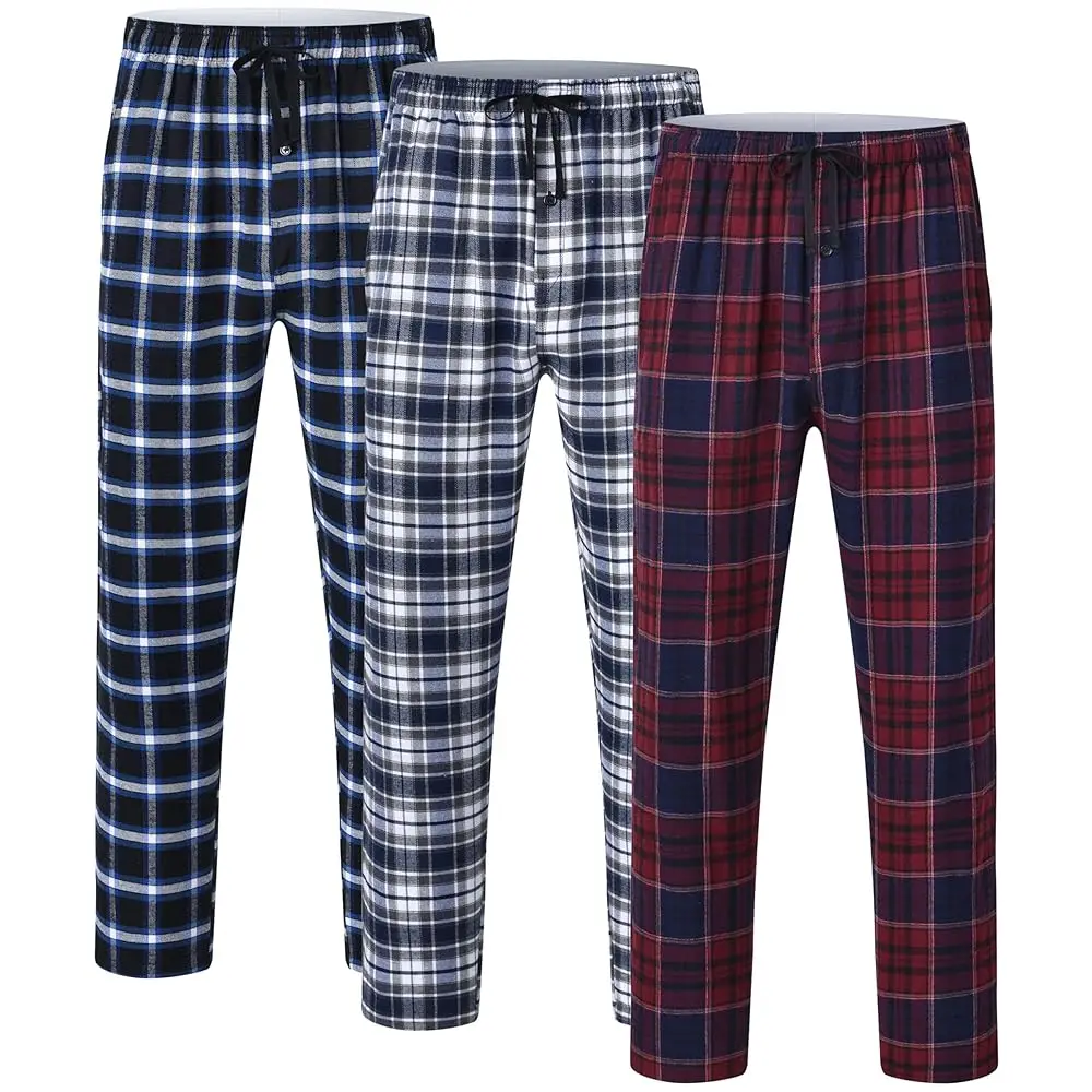 3-delige geruite pyjamaslaapbroek voor heren, geruite print lange pyjamabroek nachtkledingset met elastische taille voor homewear
