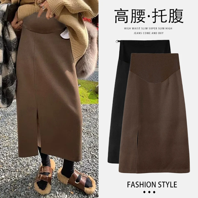 

3708# Autumn Winter Dense Woolen Maternity Skirts Side Splits Belly Pencil Bottoms Clothes For Pregnant Women Pregnancy