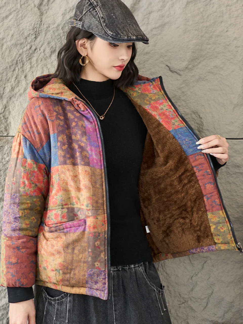 

Retro Patchwork Hooded Cotton Jaet Women's Loose Fce Lined Thiened Warm Printed Cotton Coat Autumn Winter plus Size Ou...