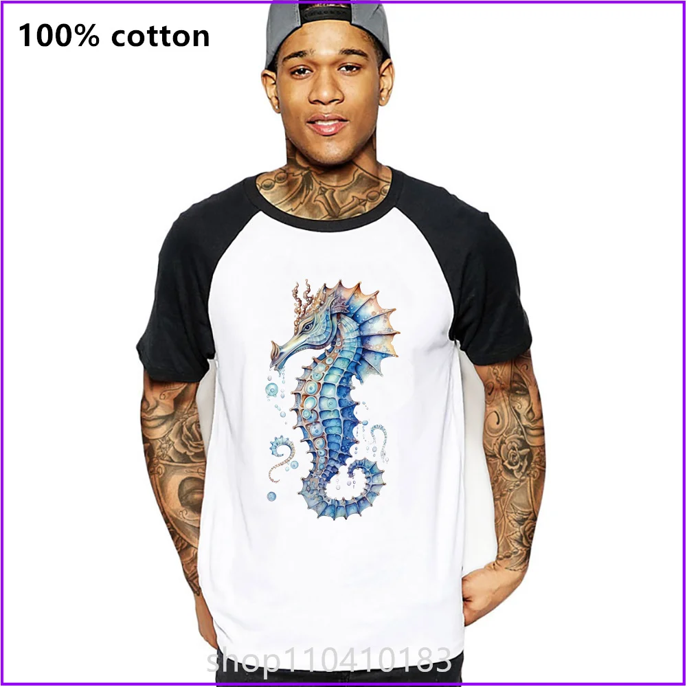 A Seahorse With A Blue Tail And A Tail T Shirts For Men'S Women Tshirt T-Shirt Wholesale White Fahion Cotton Long Sleeve Compres