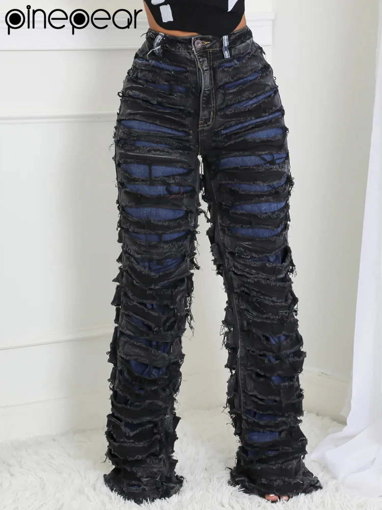 PinePear HIGH STREET Denim Pants Women Ripped Out Striped High Waist Jeans 2025 Spring Trousers Streetwear Straight Party Pants