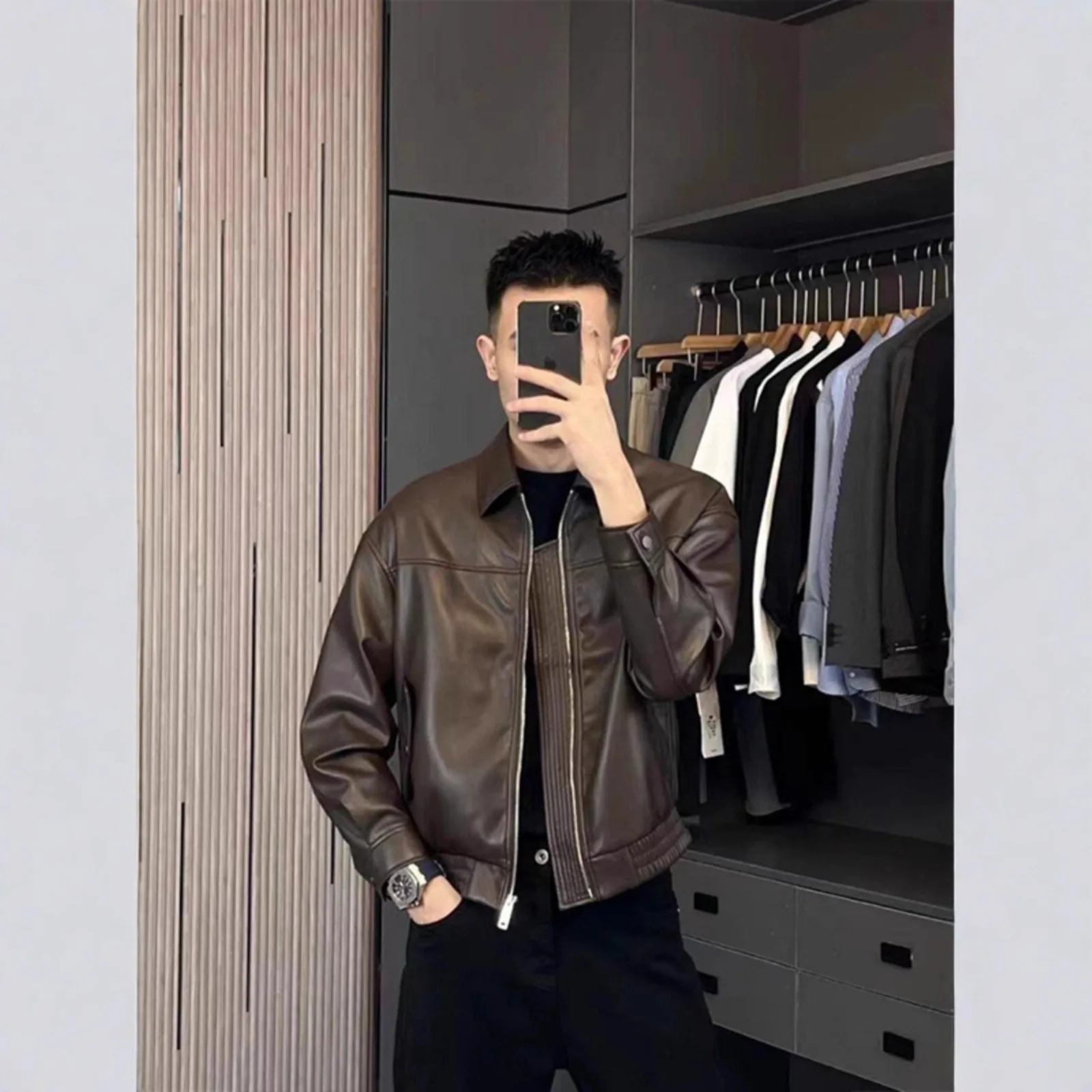 

Brown Leather Motorcycle Jacket for Men 2025 Autumn and Winter Light Luxury and Handsome Wear Short Jacket Casual Top Boutique