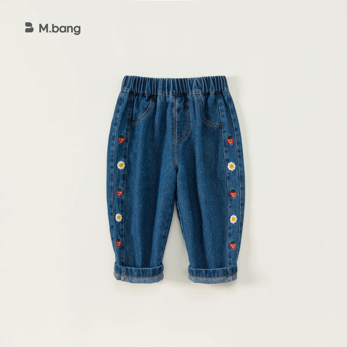 2024 Autumn Jeans Girl Flower Embroidery Jeans Children's Pants Casual  Elastic Waistband Middle-waisted Cotton Pants